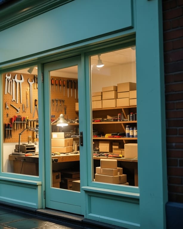 The shopfront with a workbench of hand tools and parcels in the window