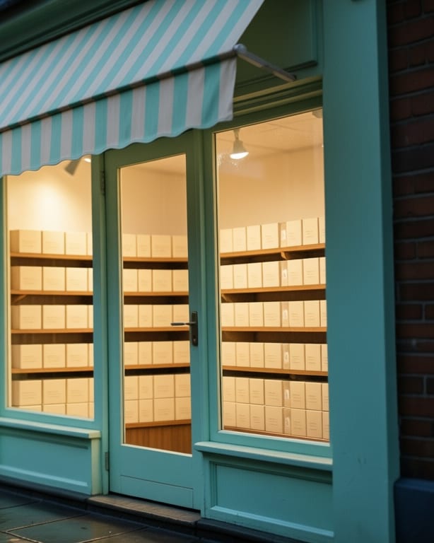 The shopfront with rows of small plain boxes under a striped awning
