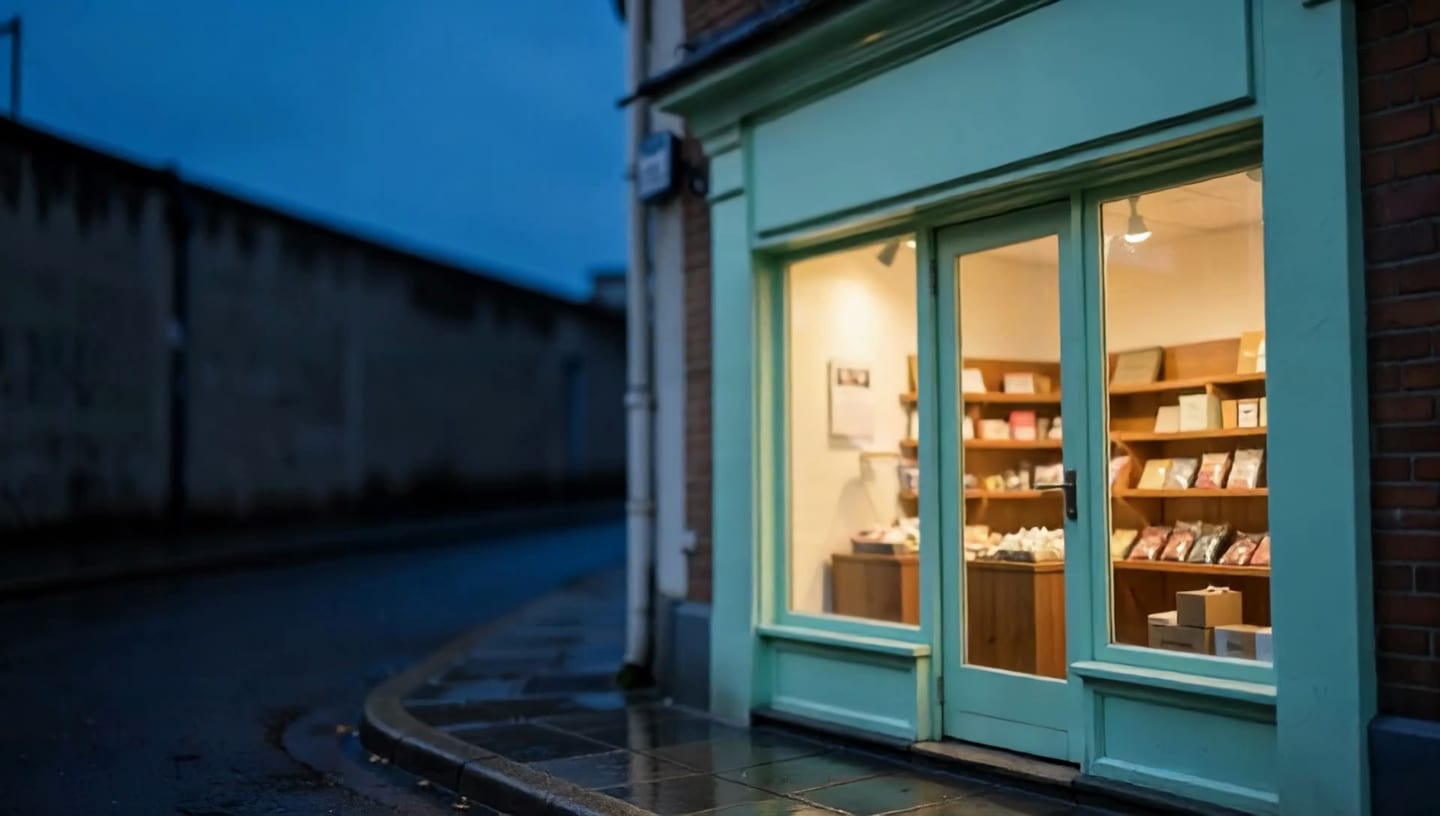 A small shop with a mint-green shopfront on a quiet street at dusk, its window lit and its door opening
